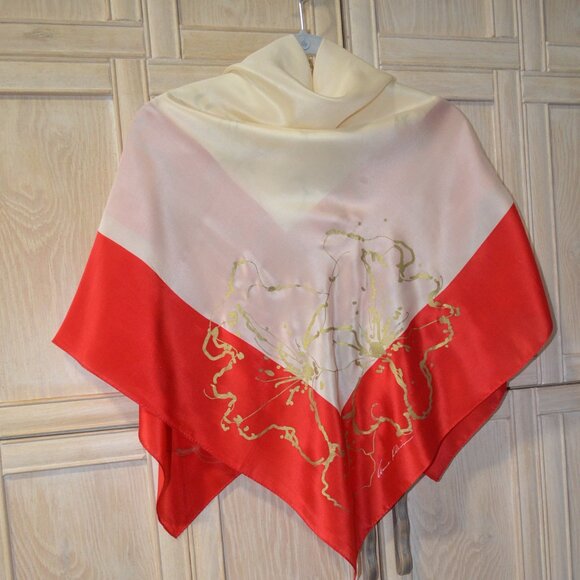 Anne Klein Silk Scarf, Signed, 40 Inches Square, Vintage Cream and Red with Gold - Picture 2 of 10